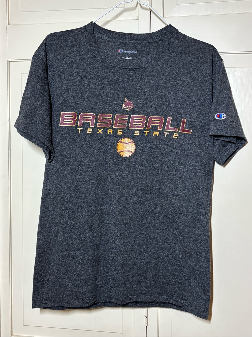Champion Dark Charcoal Texas State Baseball Tee with Maroon & Gold Graphics